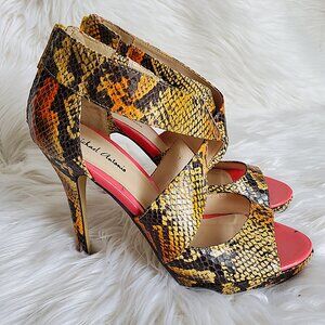 Michael Antonio Reptile Print Open Toe Back Zip Stiletto SZ 7.5
